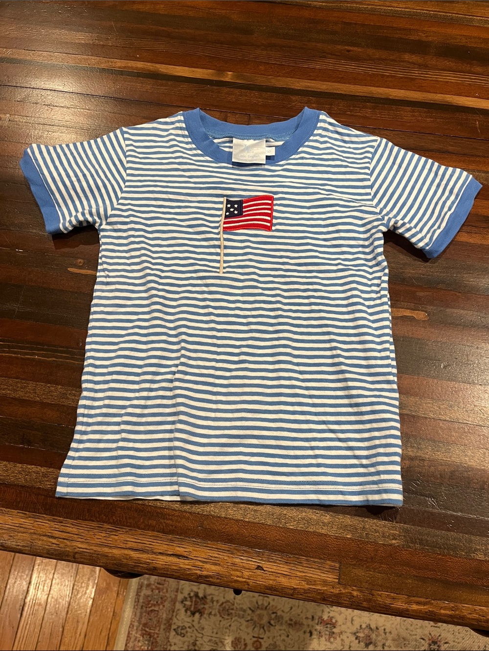 Little English Blue & White American flag Striped Tee with Red Flag Patch size 6